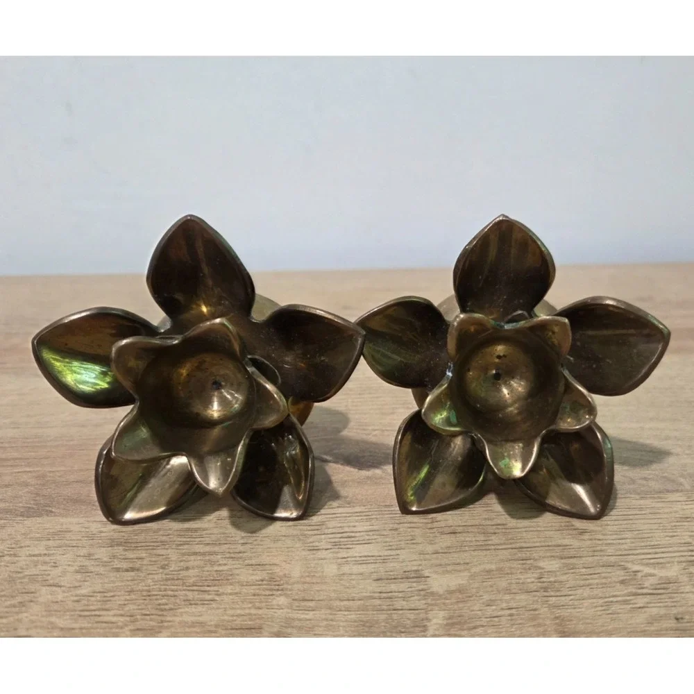 Vintage Solid Brass Flower Lotus Water Lily Candlestick Holders Set of 2